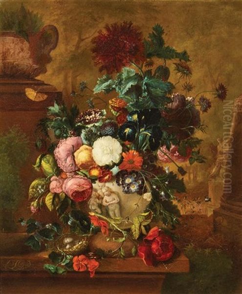 Still Life With Roses, Geraniums,  And Morning Glories In A Classical Vase Oil Painting by Justus van Huysum the Elder