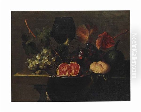 A Roemer, Grapes, A Gourd, Bread And A Pomegranate On A Pewter Plate On A Draped Table Oil Painting by Justus van Huysum the Elder