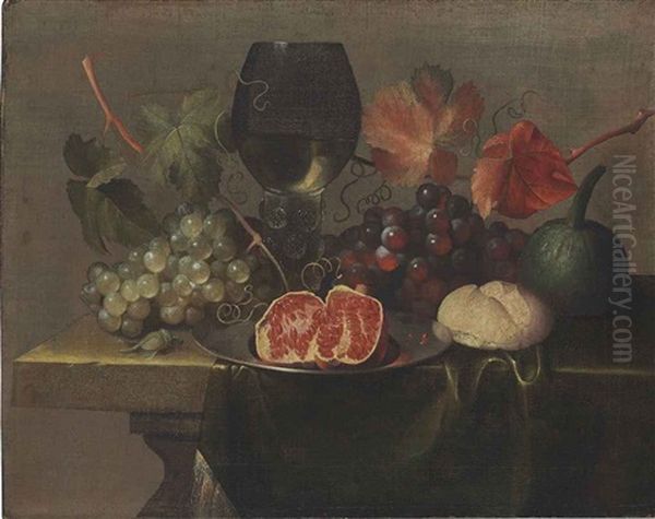 A Roemer, Grapes, A Gourd, Bread And A Pomegranate On A Pewter Plate On A Draped Table Oil Painting by Justus van Huysum the Elder