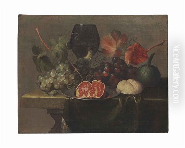 A Roemer, Grapes, A Gourd, Bread And A Pomegrante On A Pewter Plate On A Draped Table Oil Painting by Justus van Huysum the Elder