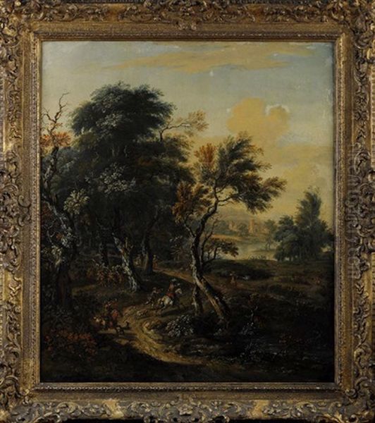 A Wooded Landscape With Hunters Oil Painting by Justus van Huysum the Elder