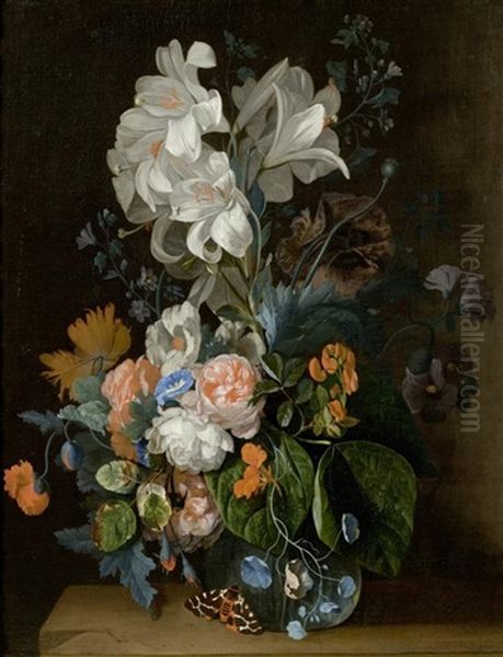 Blumenstillleben Mit Lilien, Rosen Und Nelken In Einer Glasvase Auf Einer Steinplatte Mit Einem Schmetterling Oil Painting by Justus van Huysum the Elder