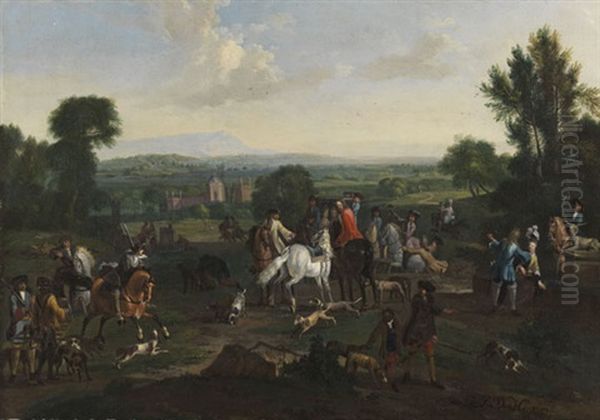 Hofische Jagdgesellschaft Vor Weiter Landschaft Oil Painting by Justus van Huysum the Elder