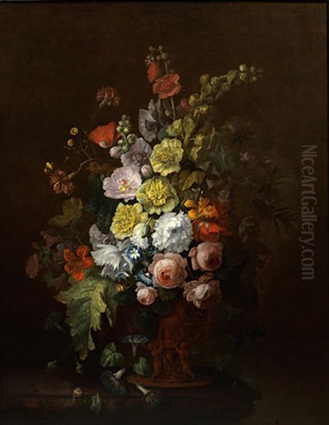 Roses, Poppies, Convolvulus And Other Flowers In A Bronze Vase On A Marble Ledge Oil Painting by Justus van Huysum the Elder