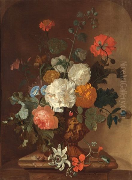 Stillleben Mit Rosen, Glockenblumen, Mohn, Pfingstrosen Und Passionsblumen In Einer Terrakottavase Oil Painting by Justus van Huysum the Elder