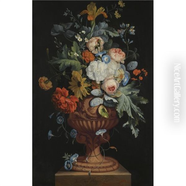 A Still Life Of Roses, Carnations, Daisies, And Irises In A Sculpted Urn Over A Stone Ledge Oil Painting by Justus van Huysum the Elder