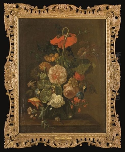 Soucis, Pivoines, Pois De Senteur, Chardons, Une Rose, Un Iris Et Autres Fleurs Dans Un Vase Oil Painting by Justus van Huysum the Elder