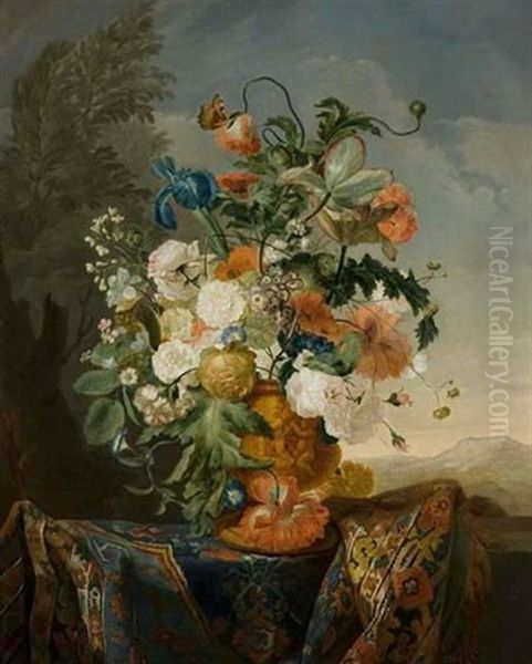 Still Life With Flowers And An Oriental Rug Before A Country Landscape Oil Painting by Justus van Huysum the Elder