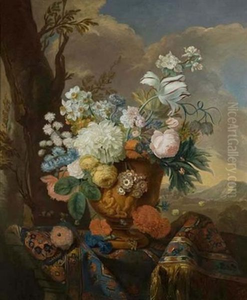 Still Life With Spring Flowers, Terracotta Urn And An Oriental Rug Oil Painting by Justus van Huysum the Elder