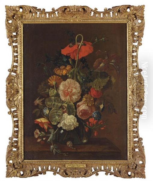 Marigolds, Peonies, Sweetpeas, Thistle, A Rose, An Iris And Other Flowers In A Glass Vase Oil Painting by Justus van Huysum the Elder