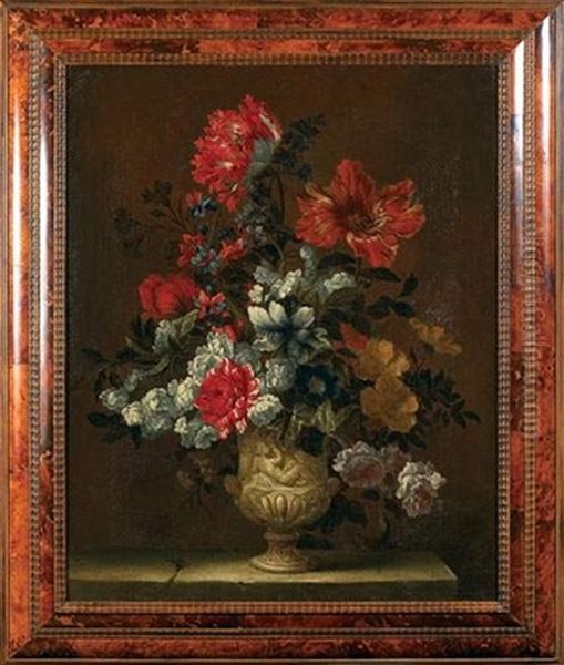 Bouquet De Fleurs Dans Un Vase Orne D'une Figure En Rond-bosse; Jupiter Enfant Nourri Par La Chevre Amalthee Oil Painting by Justus van Huysum the Elder