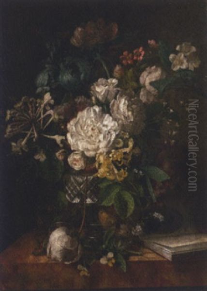 Roses, Irises, Violets And Other Flowers In A Cut-glass Vase, With A Finch On A Table Oil Painting by Justus van Huysum the Elder