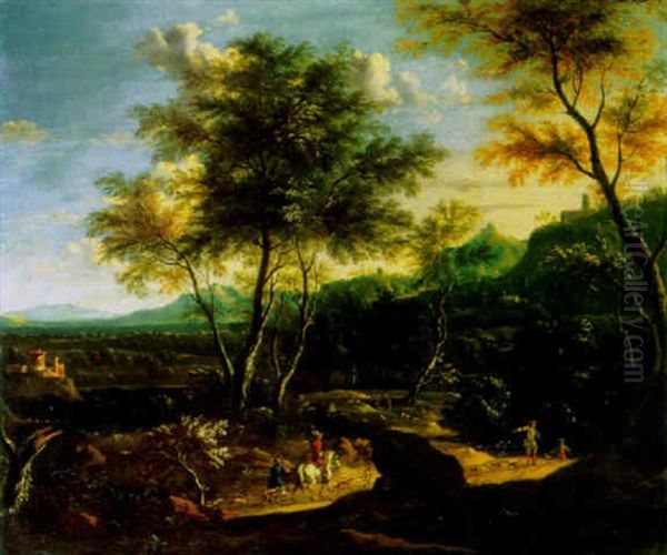 A Wooded Landscape With A Hunting Party On A Path, A Castle And Mountains Beyond Oil Painting by Justus van Huysum the Elder