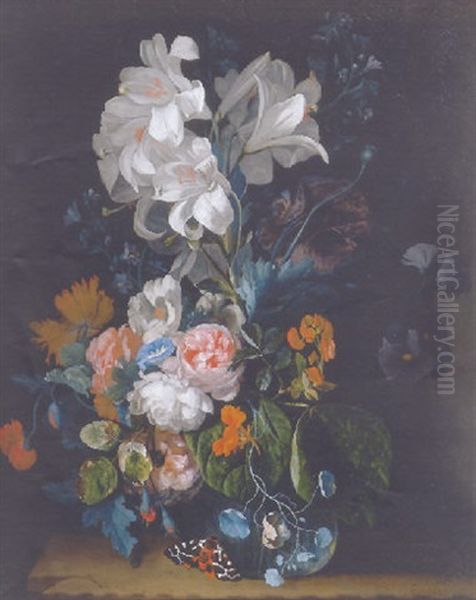 Lilies, Roses, Carnations And Other Flowers In A Glass Vase On A Stone Ledge With A Butterfly Oil Painting by Justus van Huysum the Elder