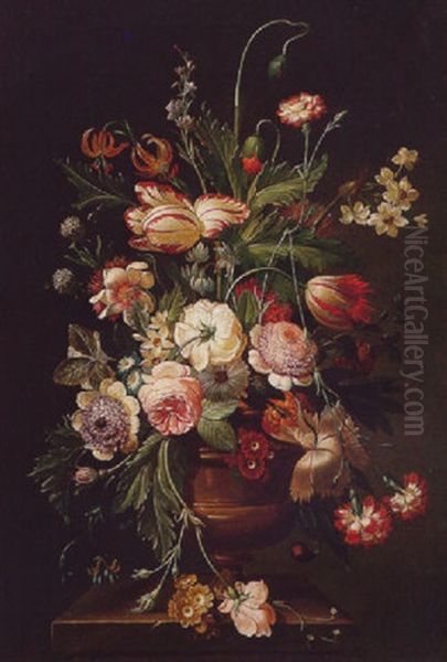 Still Life Of Roses, Variegated Tulips, Carnations, Chyrsanthemums And Other Flowers In A Vase, Upon A Stone Pedestal Oil Painting by Justus van Huysum the Elder