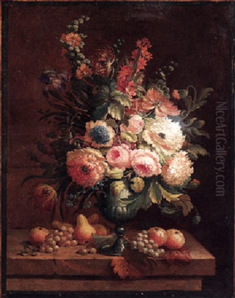 A Still Life Of Roses, Chrysanthemums, Tulips And Other Flowers In An Urn, With Pears, Apples And Grapes All On A Stone Ledge Oil Painting by Justus van Huysum the Elder