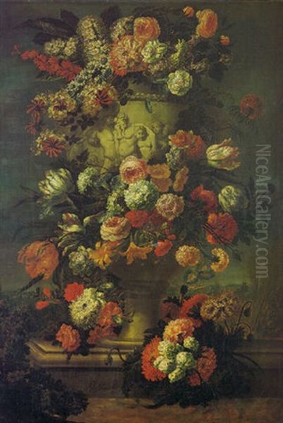 Roses, Lilies And Other Flowers In A Basket On A Ledge Partly Draped With A Carpet Oil Painting by Justus van Huysum the Elder