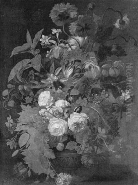 Bouquet De Fleurs Dans Un Vase En Pierre Sculpte Sur Un Entablement Oil Painting by Justus van Huysum the Younger