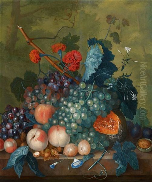 Fruit Still Life With Melon, Grapes, Plums And Hazelnuts Oil Painting by Jacob van Huysum