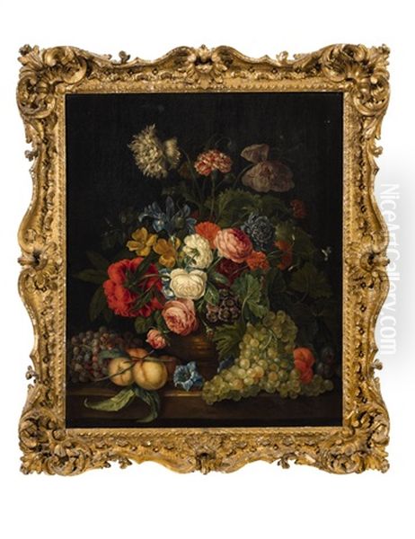 Still Life With A Vase Of Flowers And Fruits Oil Painting by Jacob van Huysum