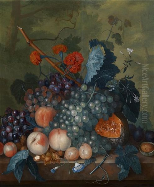 Fruchtestillleben Mit Birnen, Pfirsichen, Trauben, Granatapfeln Und Anderen Fruchten (pair, 1 Oil On Wood) Oil Painting by Jacob van Huysum