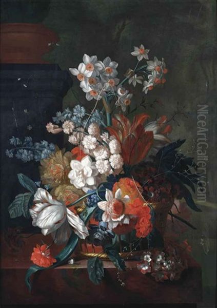 Tulips, Peonies, Roses And Various Other Flowers In A Wicker Basket, With A Snail On A Marble Ledge Oil Painting by Jacob van Huysum