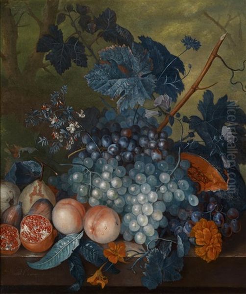 Ein Paar Fruchtestillleben Mit Birnen, Pfirsichen, Trauben, Granatapfeln Und Anderen Fruchten (pair) Oil Painting by Jacob van Huysum