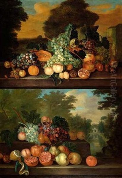 Nature Morte Sur Un Entablement Devant Un Paysage (+ Another, Similar; Pair) Oil Painting by Jacob van Huysum