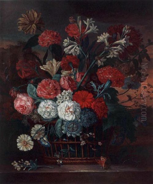 A Still Life Of Roses, Lilies, Carnations, Anemonies, Marigolds And Other Flowers In A Basket Oil Painting by Jacob van Huysum