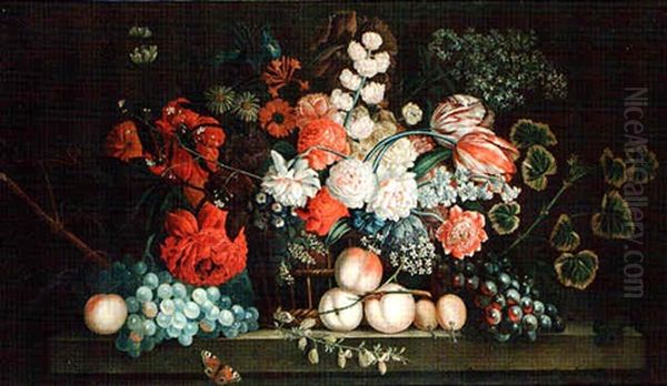 Still Life Of A Basket Of Flowers Beside Fruit On A Ledge Oil Painting by Jacob van Huysum