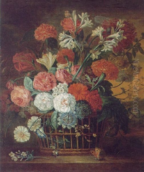 A Still Life Of Roses, Carnations And Other Flowers In A Basket Beside A Butterfly On A Stone Ledge, A Landscape Beyond Oil Painting by Jacob van Huysum