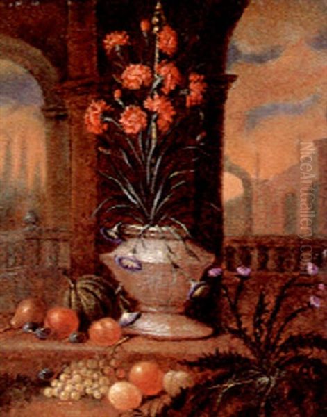 Red Carnations In A Ceramic Vase In A Palace Garden Oil Painting by Jacob van Huysum