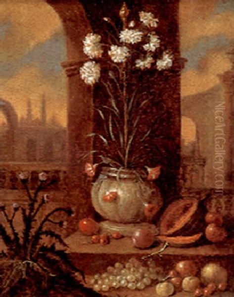 White Carnations In A Ceramic Vase In A Palace Garden Oil Painting by Jacob van Huysum