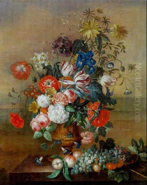 Nature Morte Au Vase De Fleurs Et Fruits Sur Un Entablement Oil Painting by Jacob van Huysum