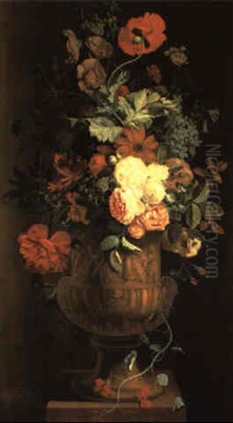 Still Life Of Roses And Other Flowers In A Terracotta Urn, Standing On A Plinth Oil Painting by Jacob van Huysum