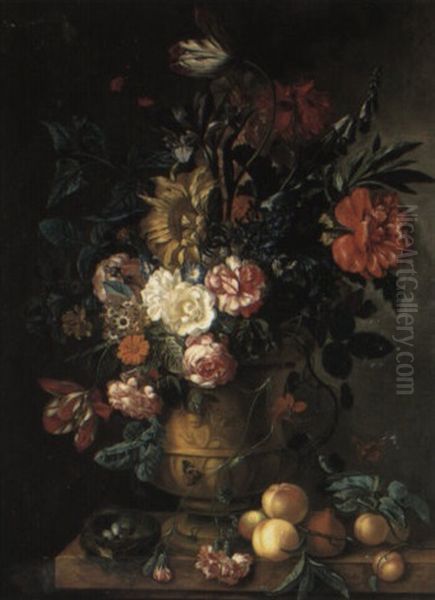 Parrot Tulips And Other Flowers With A Bird's Nest On A Ledge Oil Painting by Jacob van Huysum