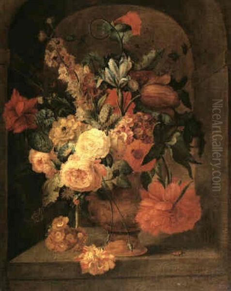 A Still Life Of Flowers Including Roses, Irises, Tulips And Peonies In A Terracotta Vase In A Stone Niche Oil Painting by Jacob van Huysum