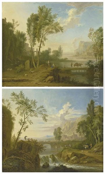 An Italianate River Landscape With Shepherds And Mules Crossing A Bridge; And An Italianate River Landscape With Figures Fishing By A Waterfall, A Town Beyond Oil Painting by Jan Van Huysum