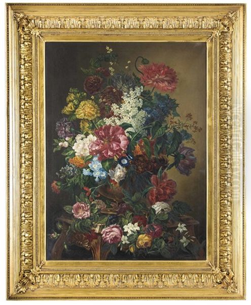 Blumenbukett In Steinvase Auf Barocktisch Oil Painting by Jan Van Huysum