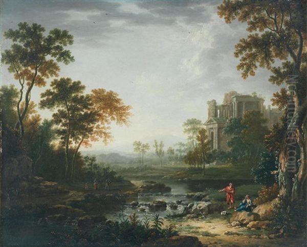 An Italianate Landscape With Figures Resting On The Bank Of A River Oil Painting by Jan Van Huysum