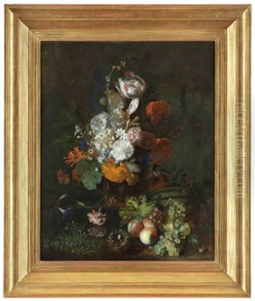 A Parrot Tulip, Roses, Peonies, Carnations, Morning Glories, Honeysuckle And Other Flowers In A Sculpted Urn, With Fruit And A Bird's Nest, In An Exterior Oil Painting by Jan Van Huysum