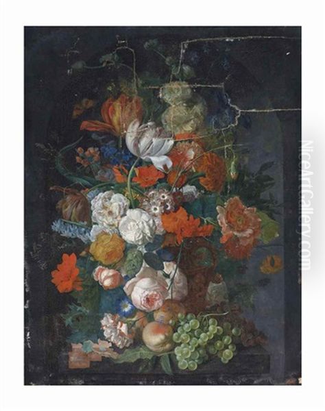 A Still Life With Flowers And Fruit On A Stone Ledge In A Niche Oil Painting by Jan Van Huysum