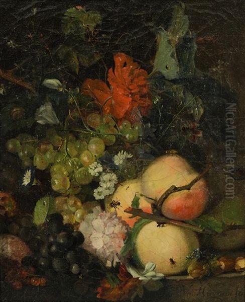 Blumenstillleben Mit Fruchten Und Insekten Oil Painting by Jan Van Huysum