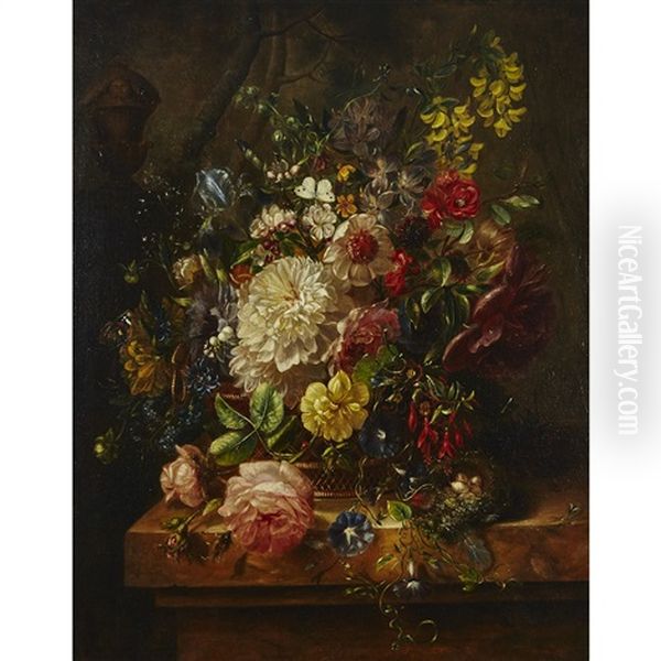 Floral Still Life In A Basket With A Bird