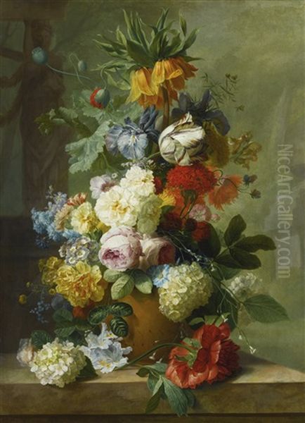 Still Life Of Flowers In A Vase On A Marble Ledge Oil Painting by Jan Van Huysum