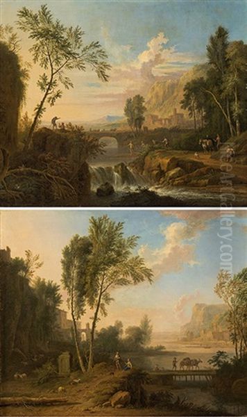 Arcadian River Landscape With Waterfall & Arcadian River Landscape With Wood Bridge (a Pair) Oil Painting by Jan Van Huysum