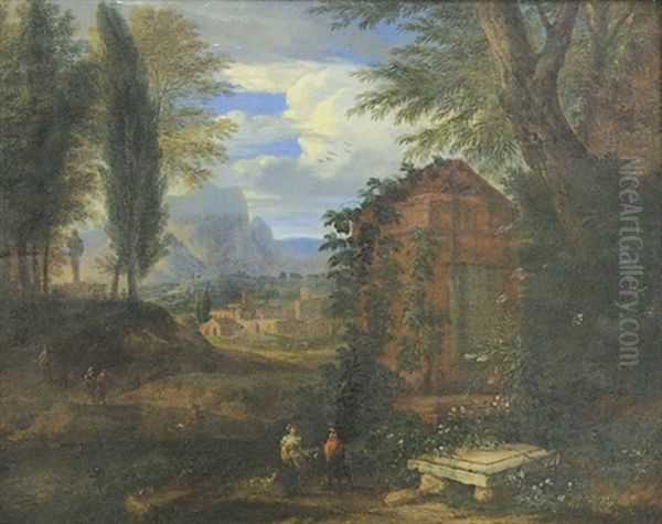 Sudliche Ideallandschaft Mit Bauernpaar Und Wanderern Bei Einem Monument Oil Painting by Jan Van Huysum