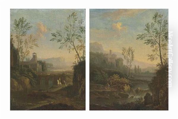 An Italianate River Landscape With A Waterfall And A Figure On A Path, A Villa And Mountains Beyond; And An Italianate River Landscape With Travellers Crossing A Bridge And A Figure On Horseback, A Villa Beyond Oil Painting by Jan Van Huysum