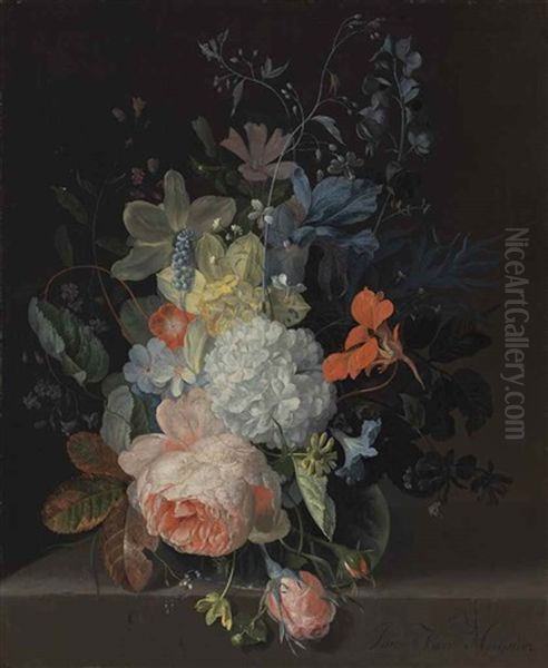 A Rose, A Snowball, Daffodils, Irises And Other Flowers In A Glass Vase, On A Stone Ledge Oil Painting by Jan Van Huysum