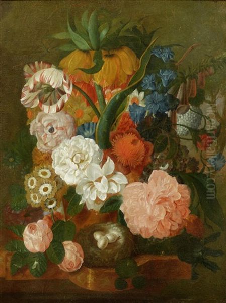 Roses, Primula And Other Flowers With Birds Nest On A Stone Ledge Oil Painting by Jan Van Huysum